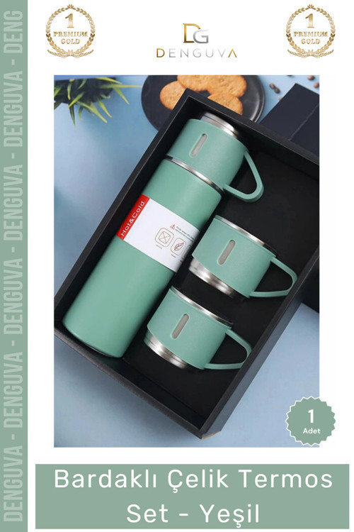 #Termos Hediye Kutulu 500ml 304 Paslanmaz Çelik Vakumlu Isı Bardaklı Çelik Termos Set Yeşil