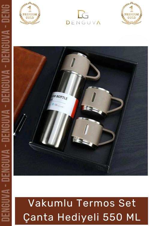 #ÇelikTermos Paslanmaz Vakumlu Isı Koruma Kamp Outdoor Sızdırmaz Termos Set Çanta Hediyeli 550 Ml