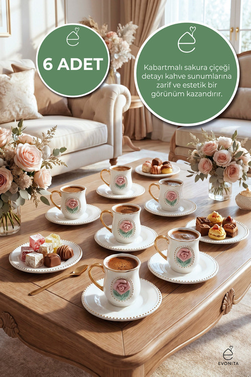 6 Kişilik (12 PARÇA) Porselen Kahve Fincan Takımı Sakura Çiçek Desenli Şık Türk Kahvesi Seti
