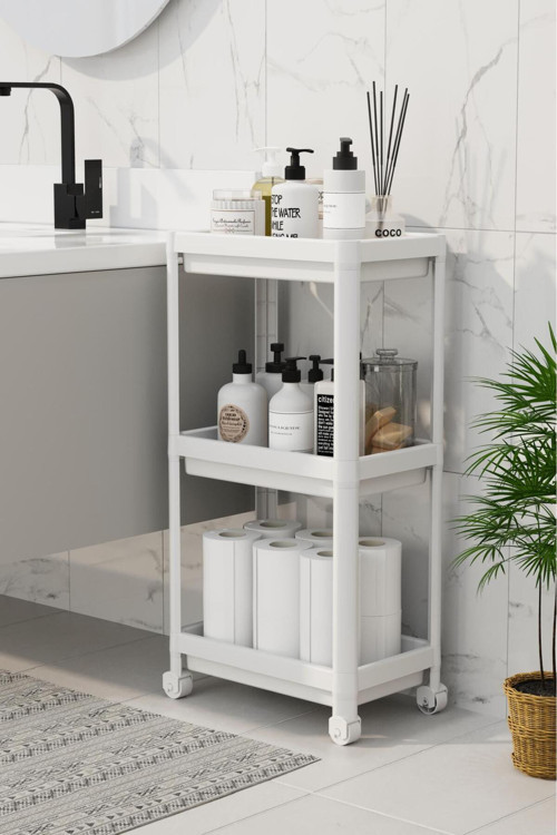 3 Katlı Banyo Raf Ünitesi (PEGGY) Beyaz Banyo Düzenleyici Şampuanlık Havluluk Dolap(BEYAZ)