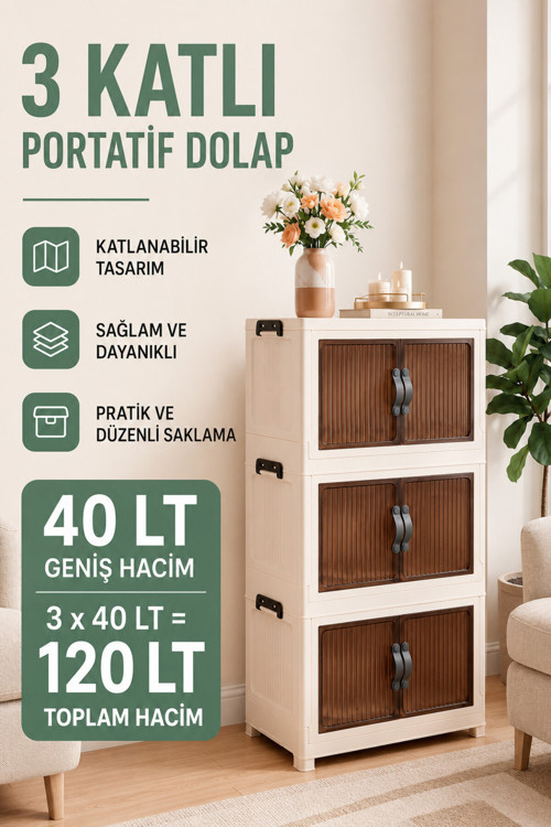 3 Katlı Portatif Plastik Dolap | Çok Amaçlı Saklama ve Düzenleyici | Mutfak Banyo Balkon Ayakkabılık
