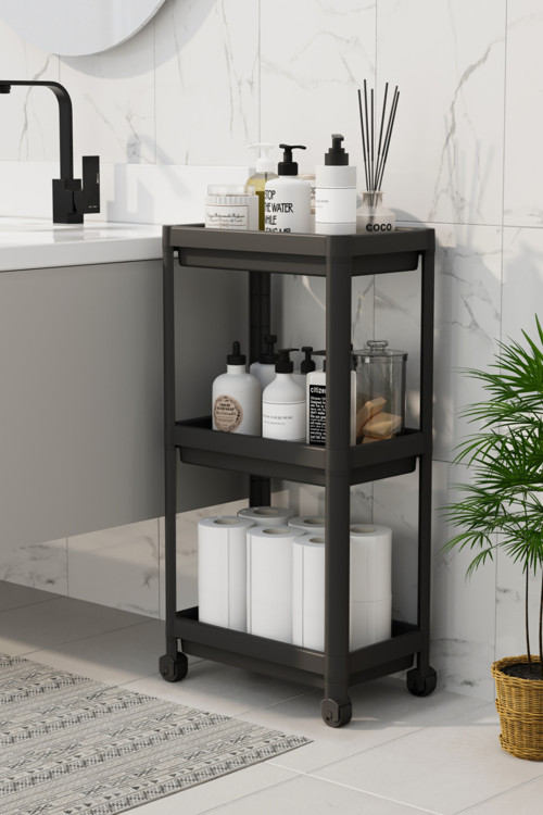 3 Katlı Banyo Raf Ünitesi (PEGGY) Siyah Banyo Düzenleyici Şampuanlık Havluluk Dolap ( Siyah)