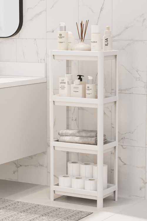 Vesken Beyaz 4 Katlı Banyo Raf Ünitesi Banyo Düzenleyici Şampuanlık Havluluk Dolap