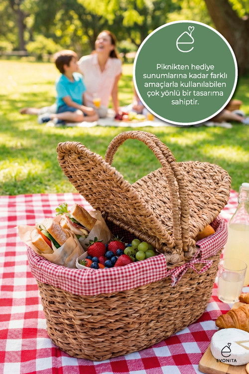 40x19x25 Oval Rattan Piknik Sepeti Çift Kapaklı Dekoratif Hasır Görünümlü Taşıma Sepeti