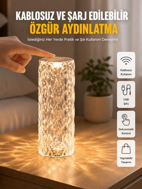 Yeni Nesil Kristal Masa Gece Lambası Dokunmatik Renk Değiştirebilen