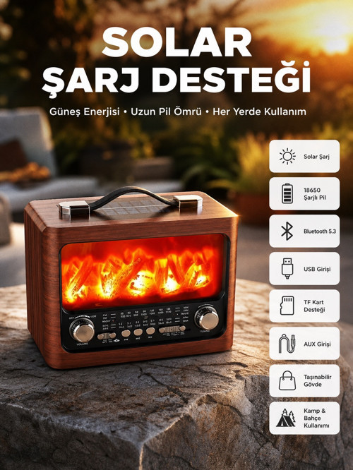 Taşınabilir Şömine Görünümlü Hoparlör – Solar Şarjlı, Işıklı, 7W Ses