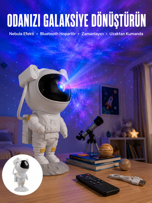 Astronot Hoparlör Gökyüzü Projektör Gece Lambası