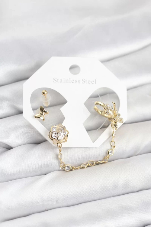 Pirinç Gold Renk Kelebekli Model Zincir Bağlantılı Ear Cuff Küpe Seti - TJ-BKP11543