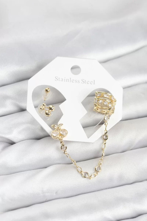 Kiraz Model Pirinç Gold Renk Zincir Bağlantılı Ear Cuff Küpe Seti - TJ-BKP11549