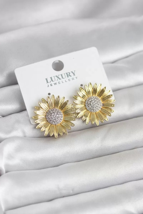 Papatya Model Zirkon Taşlı Pirinç Gold Renk Kadın Küpe - TJ-BKP11779
