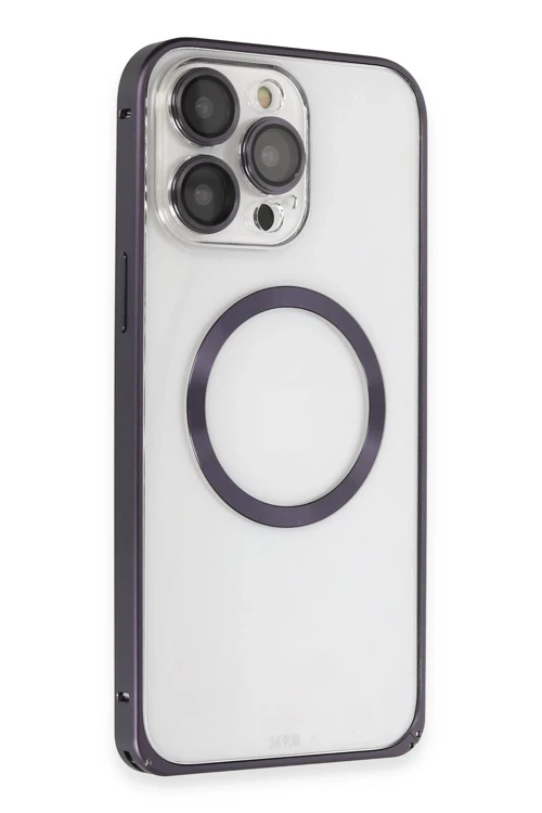 Apple iPhone 14 Pro Kılıf Metal Bumper Magneticsafe Kapak - Derin Mor