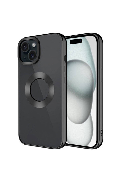 İphone 15 Uyumlu Tek Kamera Çerçeveli Logo Gösteren Omega Kılıf-Siyah