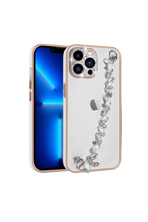 İphone 12 Pro Uyumlu Taş Süslemeli Kamera Korumalı El Tutamaçlı Blazer Kılıf-Beyaz
