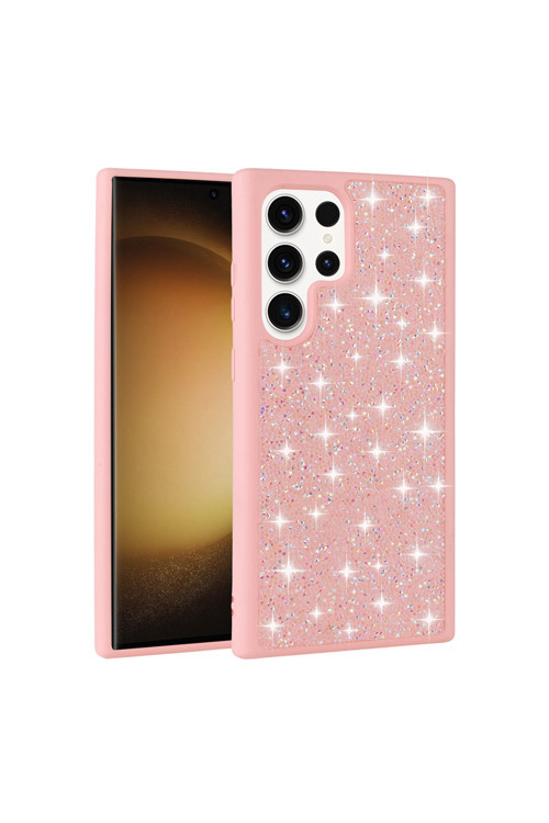 Galaxy S22 Ultra Kılıf Parlak Taşlı Tasarım Pırlanta Kapak - Pembe
