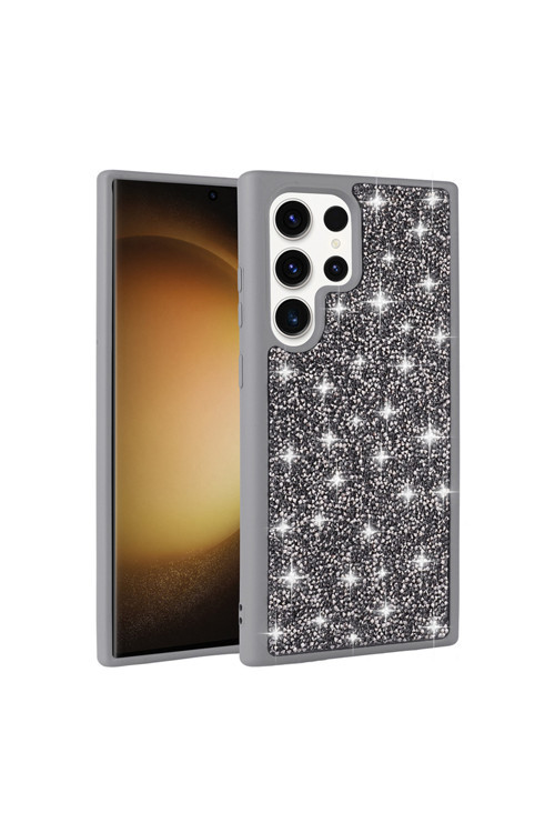 Galaxy S22 Ultra Kılıf Parlak Taşlı Tasarım Pırlanta Kapak - Gri