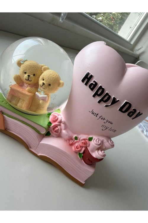 Tavşanlı Açık Pembe Happy Kalemlikli Kar Küresi Özel Hediye Kutulu