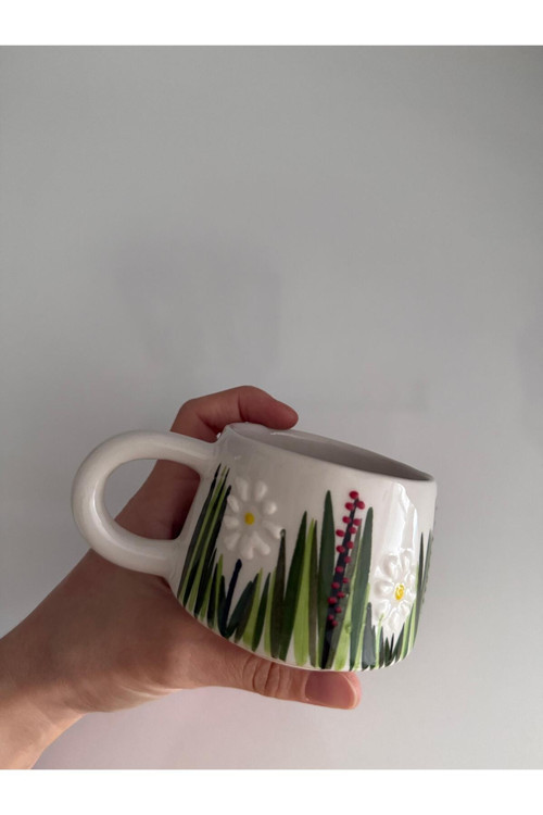 Seramik El İşlemesi Kahve Fincanı Kupa Mug Bardak Yapraklı Çiçekler
