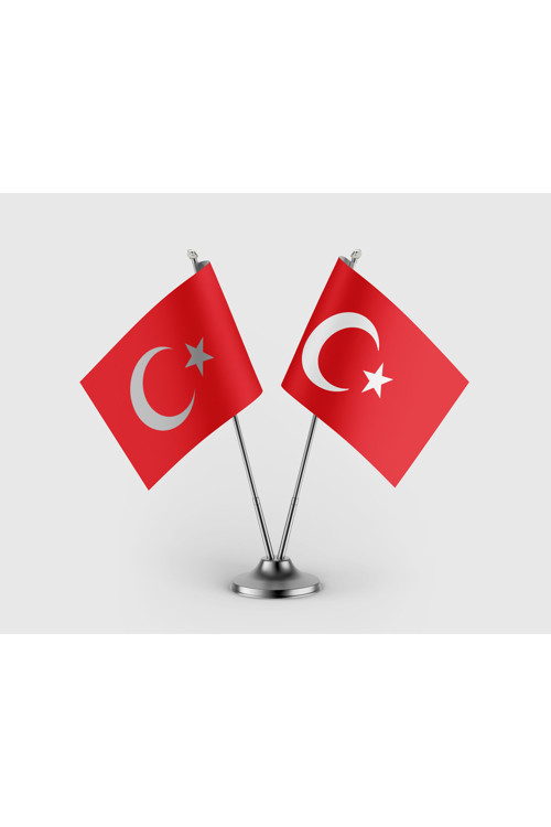 Türkiye Cumhuriyeti Bayrağı İkili Saten Masa Bayrağı Takımı