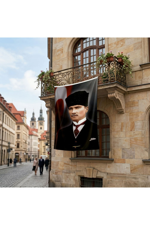 Kalpaklı Mustafa K.Atatürk ve Türk Bayrağı Poster Bayrak Premium Raşel Kumaş ATA4