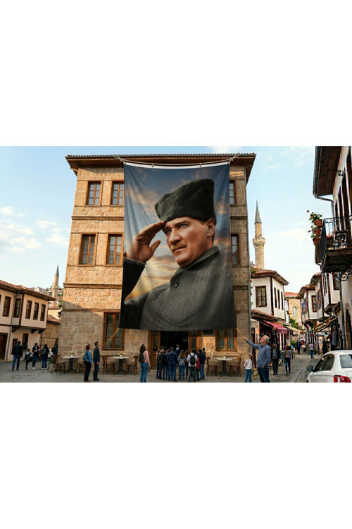 Selam Veren Ulu Önder Gazi Mustafa Kemal Atatürk Poster Bayrak Premium Raşel Kumaş ATA63