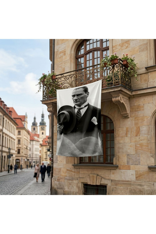 Takım Elbiseli Ulu Önder Gazi Mustafa Kemal Atatürk Poster Bayrak Premium Raşel Kumaş ATA69