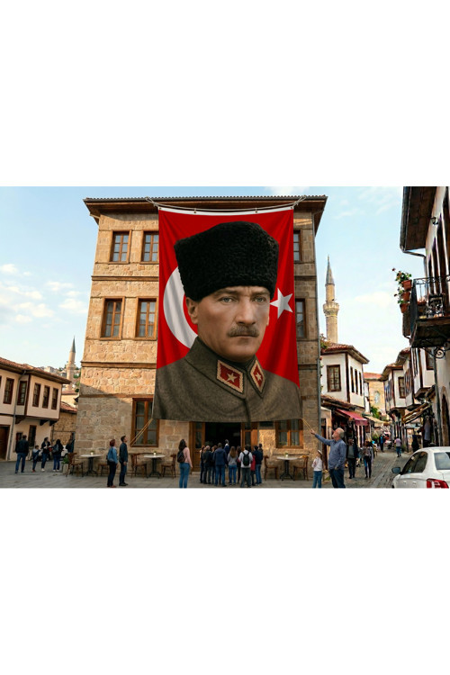 Askeri Üniformalı Atatür ve Türk Bayrağı Poster Bayrak Premium Raşel Kumaş ATA80