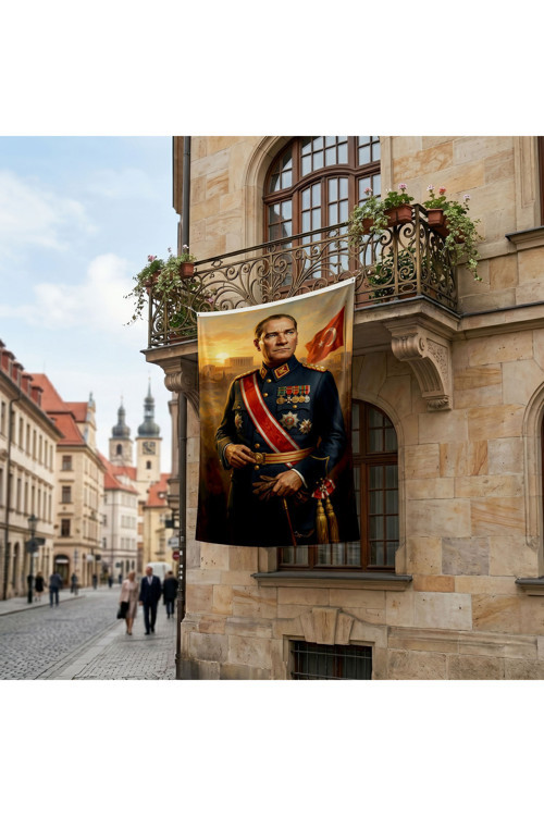 Askeri Üniformalı Atatürk Portresi Poster Bayrak Premium Raşel Kumaş ATA75