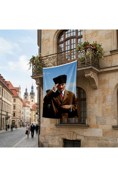 Selam Veren Atatürk Portresi Poster Bayrak Premium Raşel Kumaş ATA85