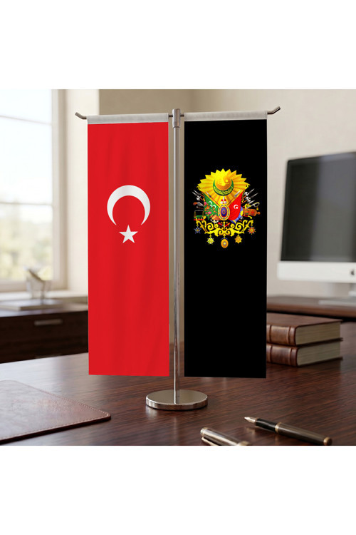 Osmanlı Arması ve Türk Bayrağı Kırlangıç T tipi Masa Bayrak Takımı