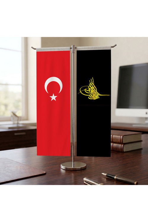 Osmanlı Tuğrası ve Türk Bayrağı Kırlangıç T tipi Masa Bayrak Takımı