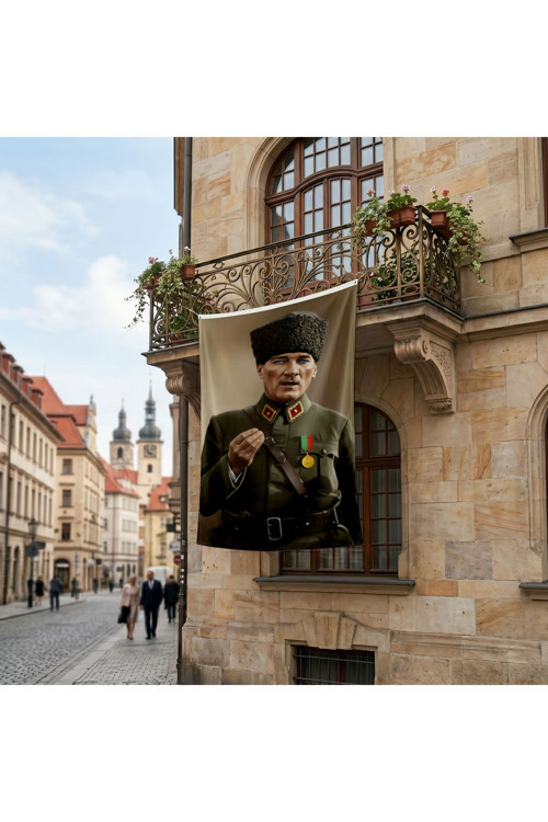 Askeri Üniformalı Mustafa K. Atatürk Poster Bayrak Premium Raşel Kumaş ATA84