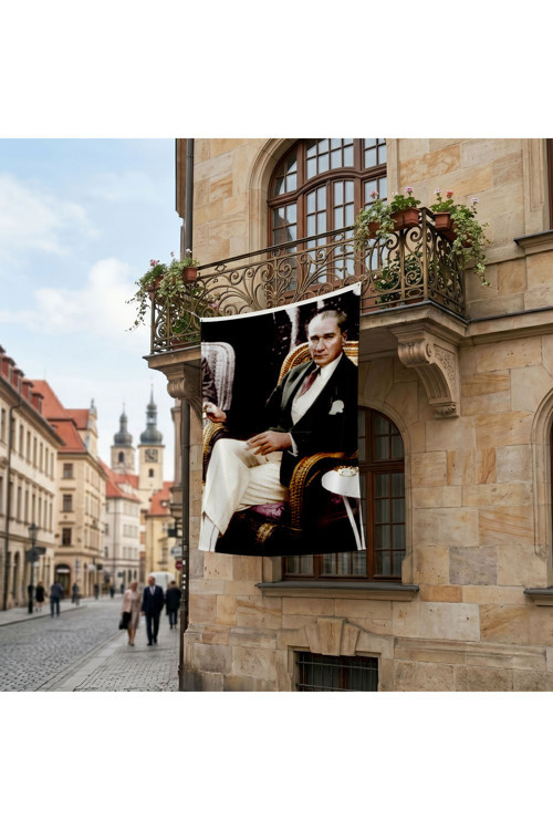 Koltukta Oturan Atatürk- Takım Elbiseli Atatürk Poster Bayrak Premium Raşel Kumaş ATA25
