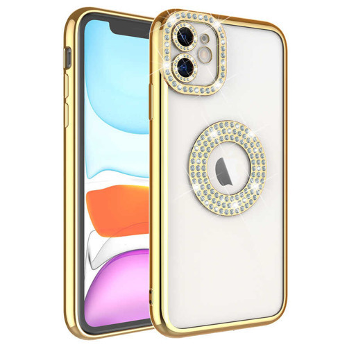 iPhone 11 Uyumlu Kamera Korumalı Taş Süslemeli Arkası Şeffaf NVTH Asya Kılıf-Gold