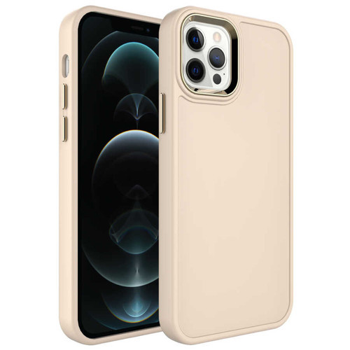 iPhone 12 Pro Max Uyumlu Metal Çerçeve ve Buton Tasarımlı Sert NVTH Botox Kılıf-Krem
