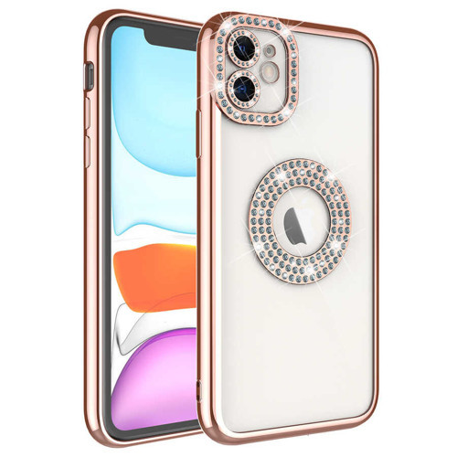 iPhone 11 Uyumlu Kamera Korumalı Taş Süslemeli Arkası Şeffaf NVTH Asya Kılıf-Rose Gold