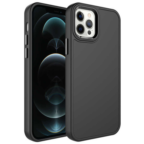 iPhone 12 Pro Max Uyumlu Metal Çerçeve ve Buton Tasarımlı Sert NVTH Botox Kılıf-Siyah