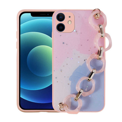 iPhone 11 Uyumlu Simli Desenli El Askılı Tutacaklı NVTH Elsa Silikon Kılıf-Pembe