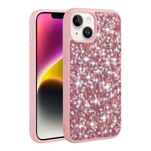 iPhone 14 Uyumlu Parlak Taşlı Tasarım NVTH Linea Kılıf-Pembe