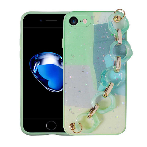 iPhone 8 Kılıf Simli Desenli El Askılı Tutacaklı NVTH Elsa Silikon Kapak - Yeşil