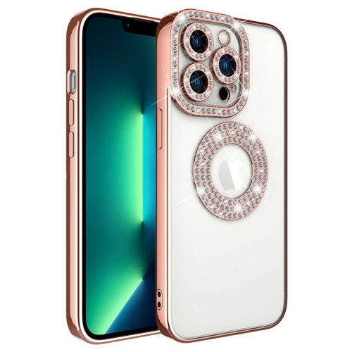 iPhone 13 Pro Kılıf Kamera Korumalı Taş Süslemeli Arkası Şeffaf NVTH Asya Kapak - Rose Gold