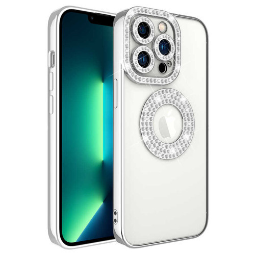 iPhone 12 Pro Max Kılıf Kamera Korumalı Taş Süslemeli Arkası Şeffaf NVTH Asya Kapak - Gümüş
