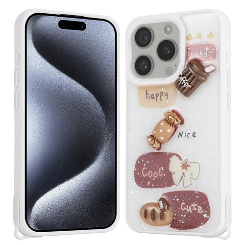iPhone 15 Pro Kılıf Parlayan Simli Kabartma Figürlü NVTH Cevze Kapak - Beyaz