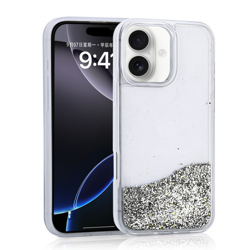 iPhone 16 Kılıf Sıvılı Simli Şeffaf Arka Yüzey NVTH Keto Silikon Kapak - Gümüş