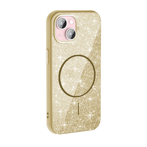 iPhone 15 Plus Kılıf Magsafe Şarj Özellikli Parlayan Simli NVTH Okso Kapak - Gold