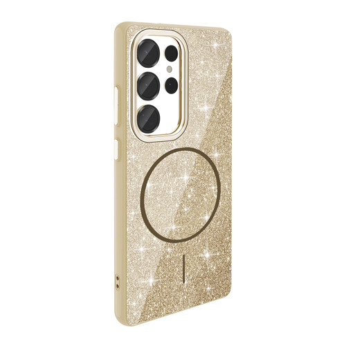 Galaxy S25 Ultra Kılıf Magsafe Şarj Özellikli Parlayan Simli NVTH Okso Kapak - Gold