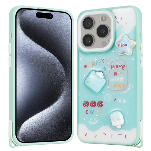 iPhone 15 Pro Kılıf Parlayan Simli Kabartma Figürlü NVTH Cevze Kapak - Yeşil
