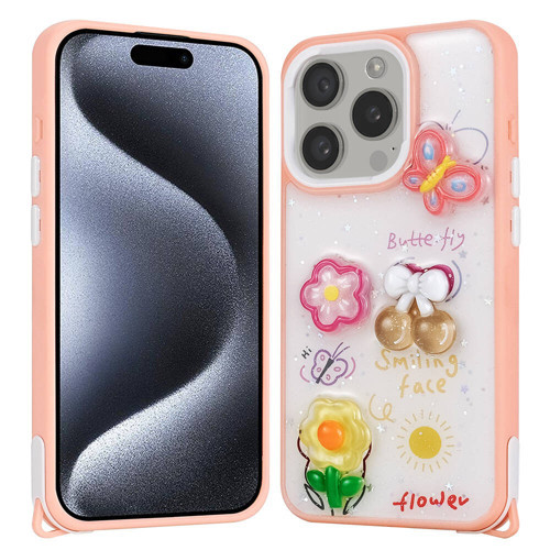 iPhone 15 Pro Kılıf Parlayan Simli Kabartma Figürlü NVTH Cevze Kapak - Pembe