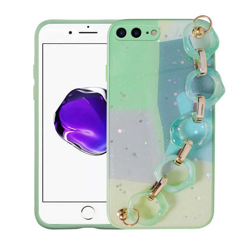 iPhone 8 Plus Kılıf Simli Desenli El Askılı Tutacaklı NVTH Elsa Silikon Kapak - Yeşil
