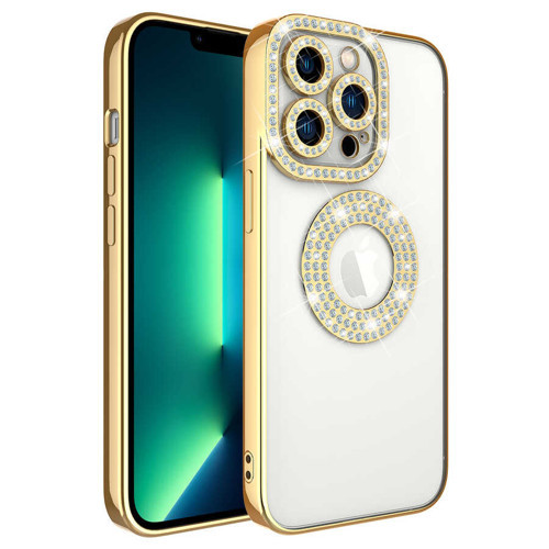 iPhone 13 Pro Kılıf Kamera Korumalı Taş Süslemeli Arkası Şeffaf NVTH Asya Kapak - Gold