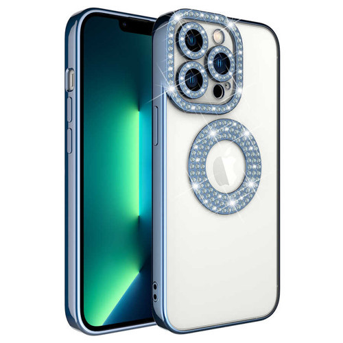 iPhone 12 Pro Max Kılıf Kamera Korumalı Taş Süslemeli Arkası Şeffaf NVTH Asya Kapak - Mavi